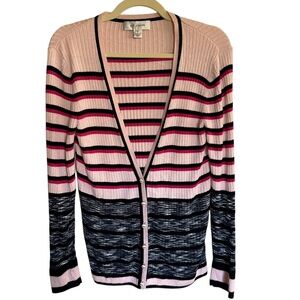 St. John Pink Striped Ribbed Knit Cardigan Size Medium